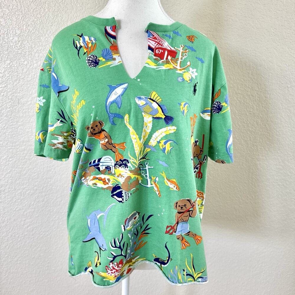 Polo Ralph Lauren Scuba Bear Diver Underwater T Shirt Green Mens Medium Cut Off